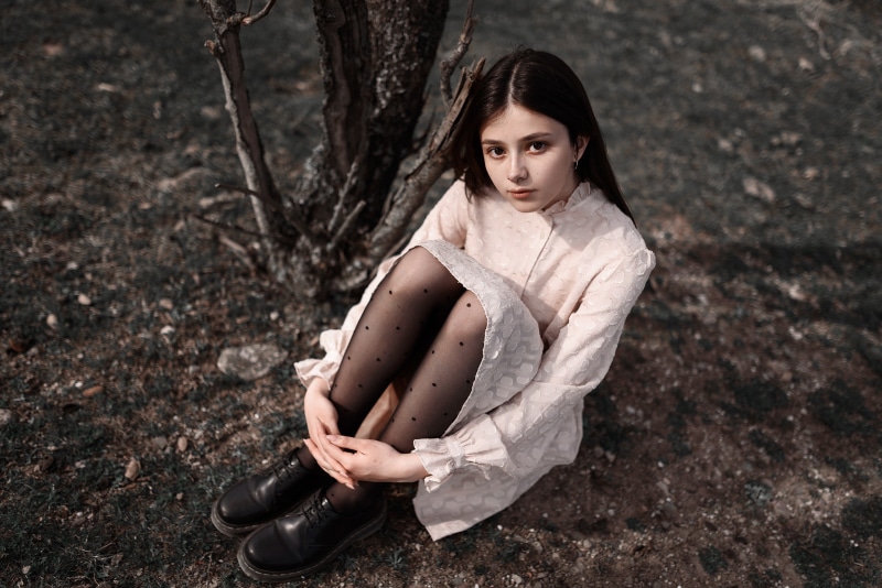 Tomatoes Bokeh Brunette girl Hands Dress Legs Pantyhose