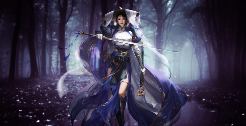 Woman in traditional Asian attire holding a sword in a forest