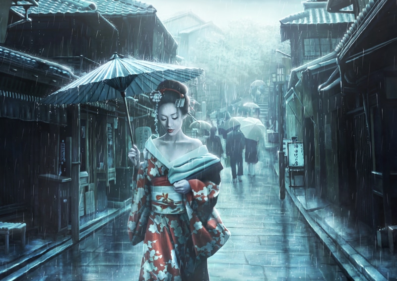 Geisha in Kimono walking in the rain with umbrella