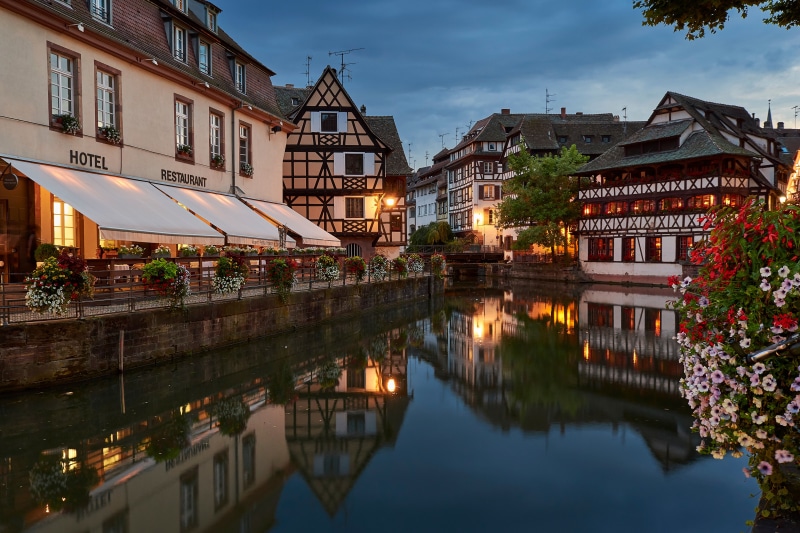 Strasbourg canal with hotels and restaurants