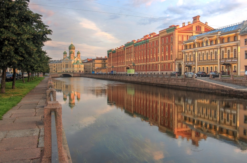 Griboyedov Canal with Isidore Church and St. Petersburg buildings
