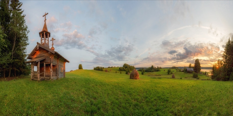 Wooden chapel in Vershinino, Kenozersky National Park, Russia