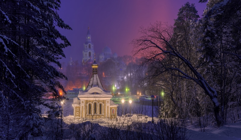 Valaam Monastery in Karelia during winter evening