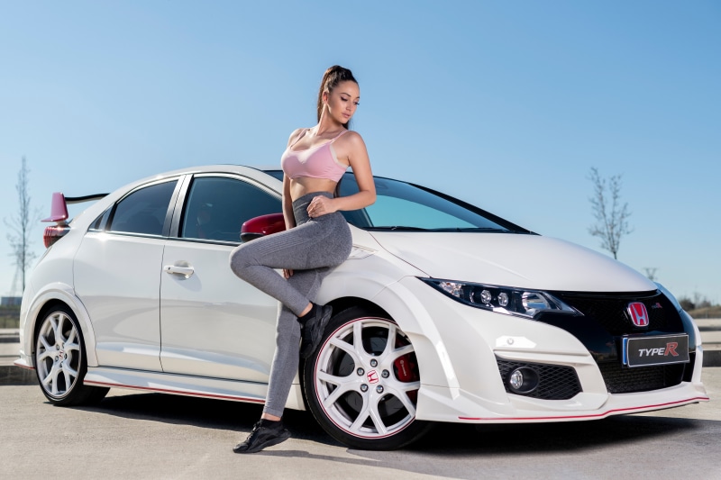 4K Ana Lopez posing with white Honda Civic Type R