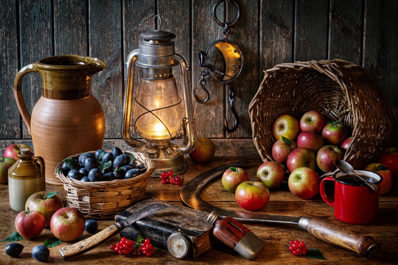 Still-life with apples, plums, and kerosene lamp