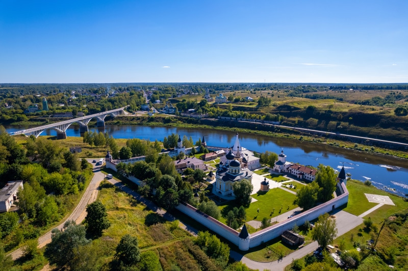 Staritsky Holy Dormition Monastery and River Bridge, Russia