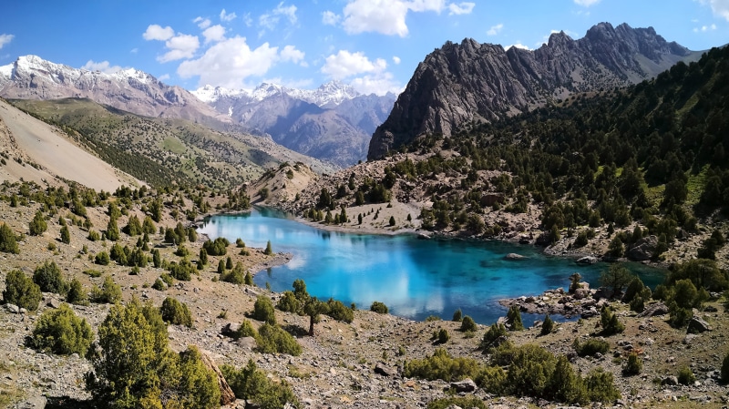Alauddin Lake in Tajikistan with Mountains and Trees