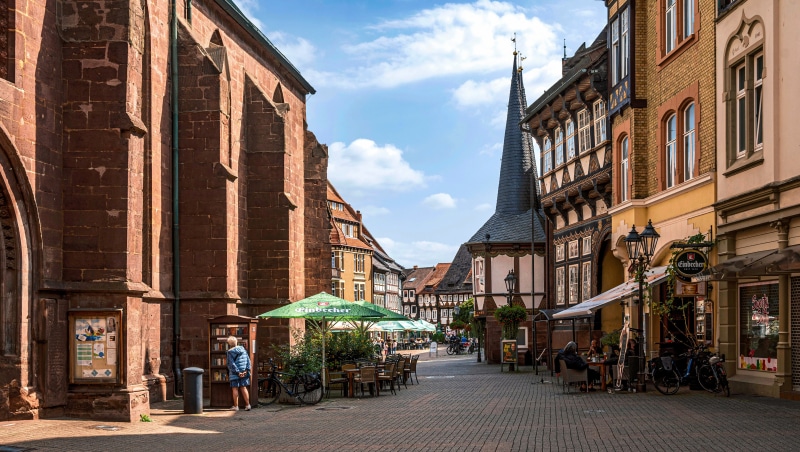 Einbeck, Germany Street with Cafe and Church