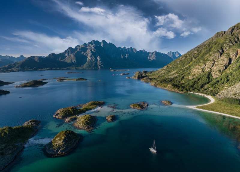 Norway Lofoten Mountains Fjord with Sailboat