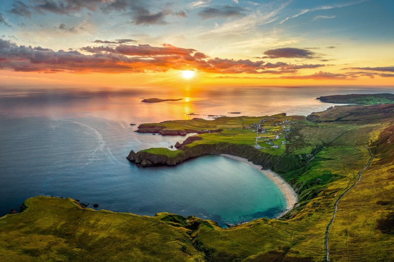 Aerial view of Donegal coast at sunset, Ireland