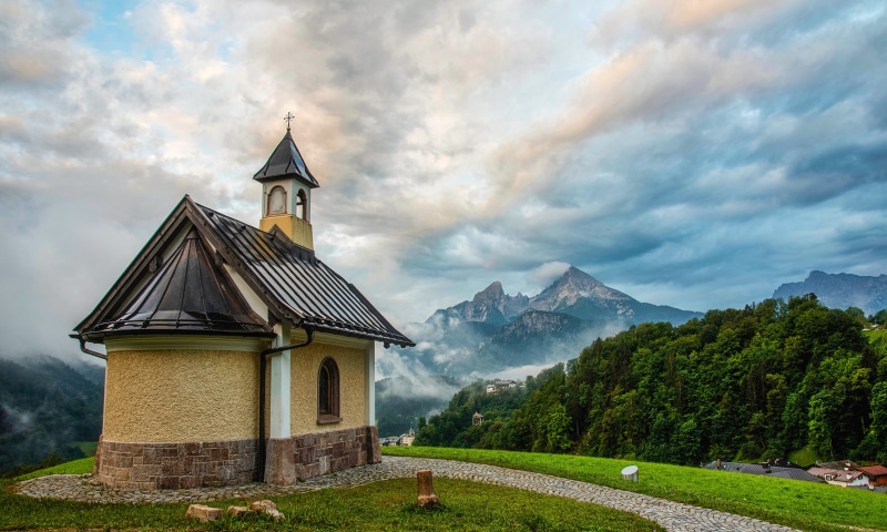 Chapel in Berchtesgaden, Bavaria, Germany with Alps Mountains