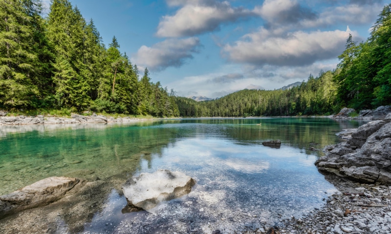 Eibsee Lake in Bavaria, Germany with Alps and Clouds