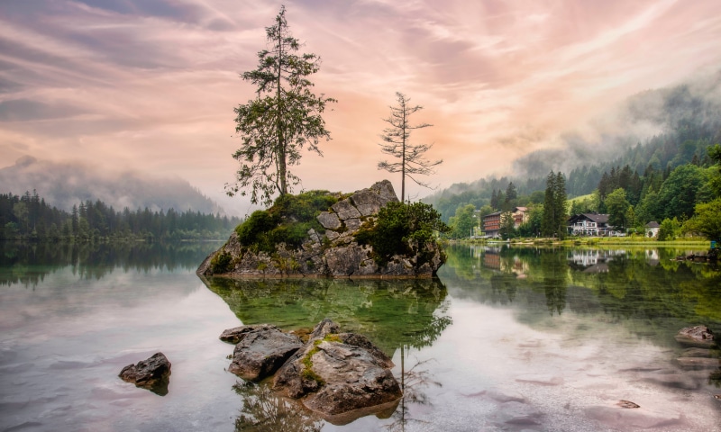Hintersee Lake Germany with Crag and Fog