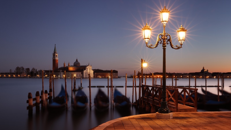 Venice at dusk with San Giorgio Maggiore and gondolas