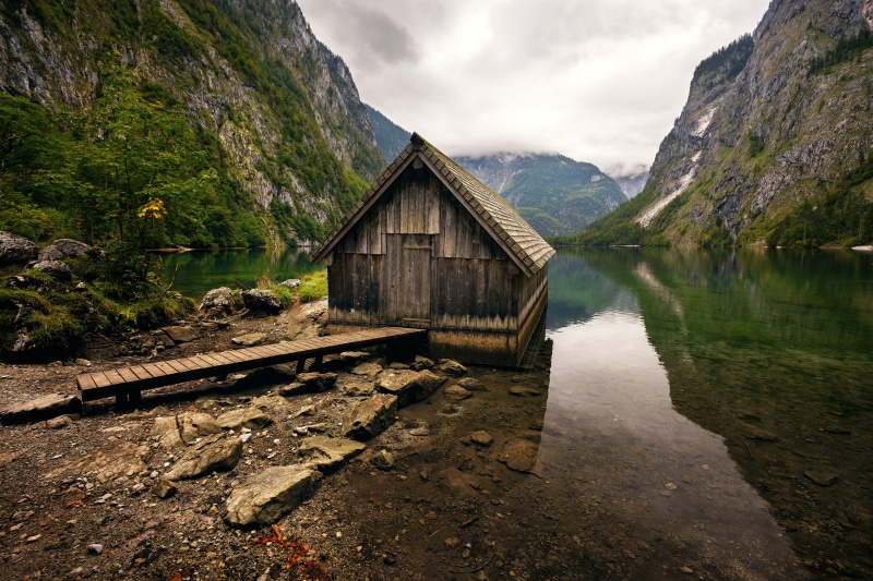 4K Obersee Lake with Wooden Boathouse in Bavaria, Germany