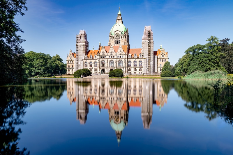 New Town Hall Hannover Germany with reflection in pond