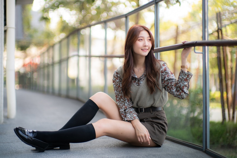 Asian, Sitting, Legs, Knee highs, Shorts, Blouse, Brown haired, Smile ...