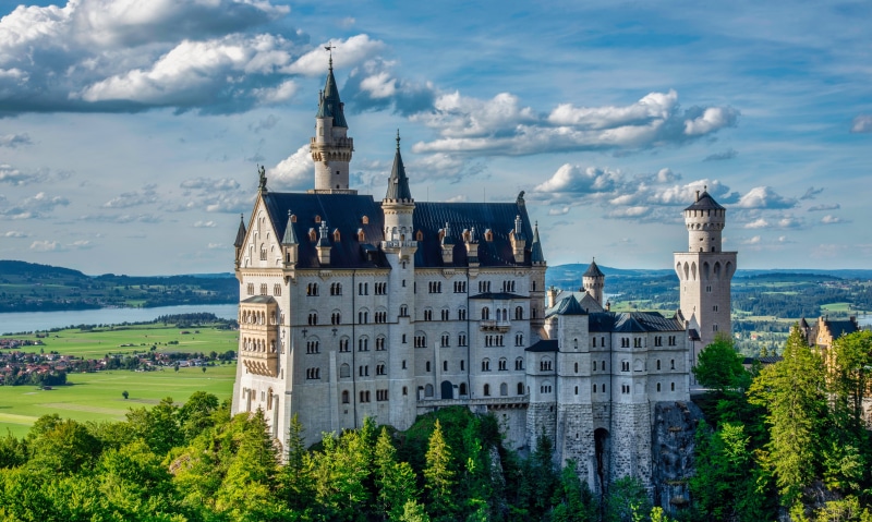 Neuschwanstein Castle in Germany with Clouds and Towers