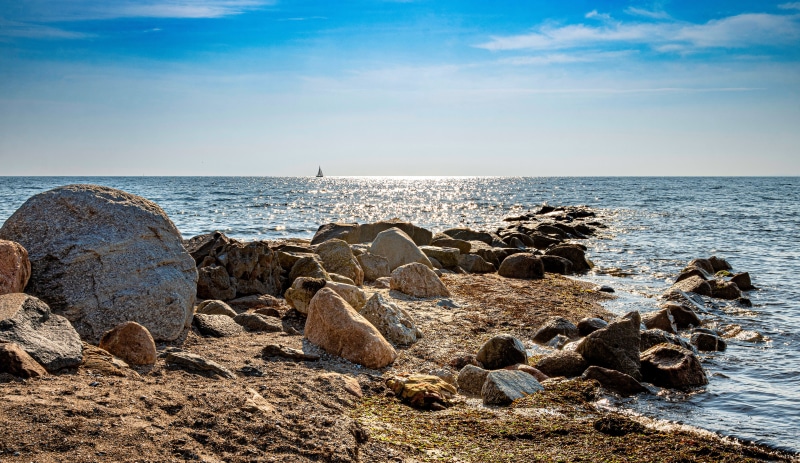 Sea coast with stones and a sailboat in Germany