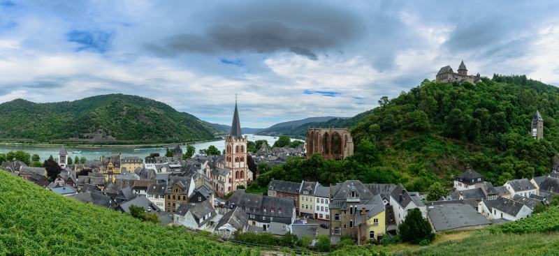 Bacharach, Germany Panorama with River and Castles
