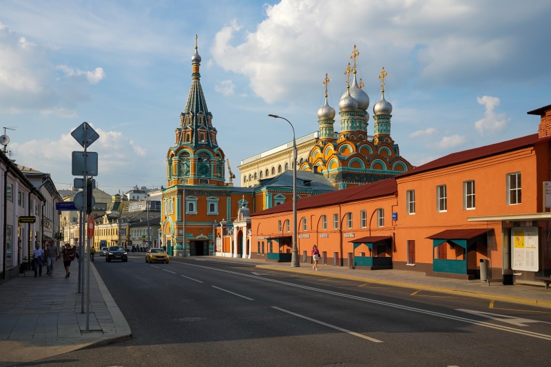 Street view of Church of the Resurrection in Kadashi, Moscow, Russia