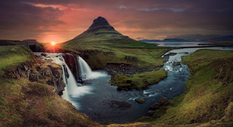 Kirkjufell Mountain and Waterfall in Iceland at Sunset