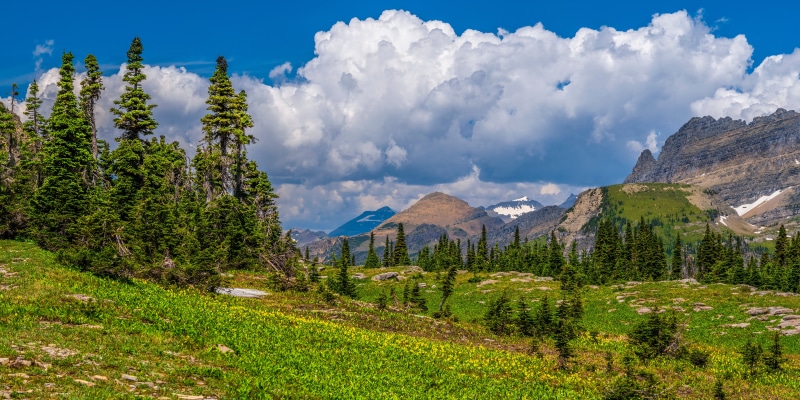 Glacier National Park Panorama with Mountains and Clouds