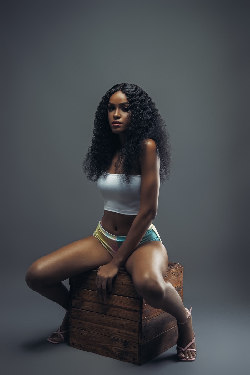 Emefa wearing shorts and singlet sitting on a wooden crate