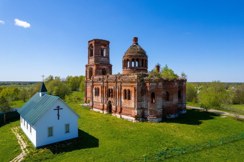Ruined Church and Chapel in Gorodkovo, Moscow Oblast, Russia