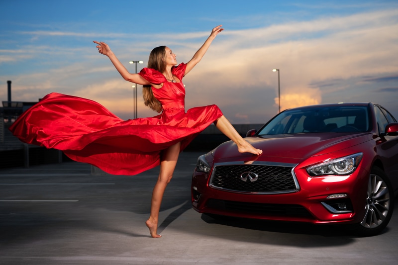 4K Olga in Red Dress Poses with Infiniti