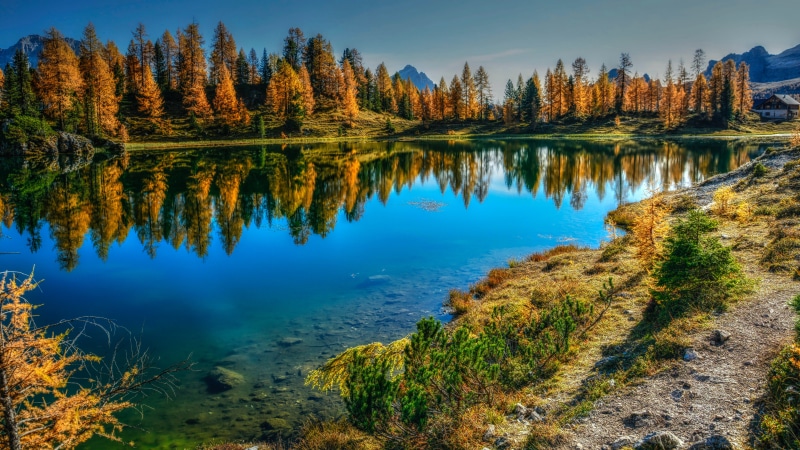 Lake Federa in Italy during Autumn with reflection