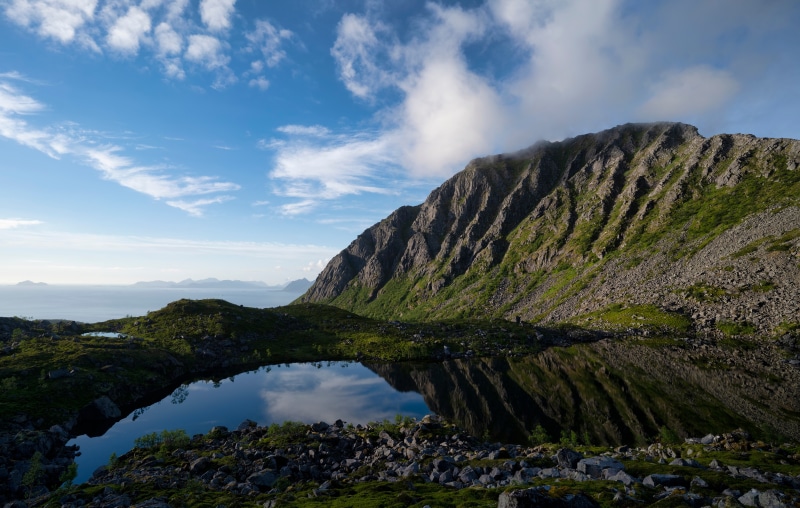 Mountains and Lake Reflection in Laukvik, Norway