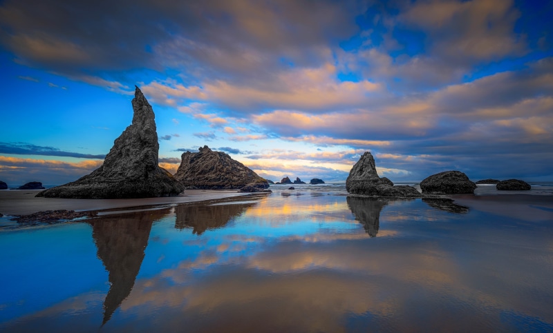 Bandon Coast Rocks and Clouds Reflection