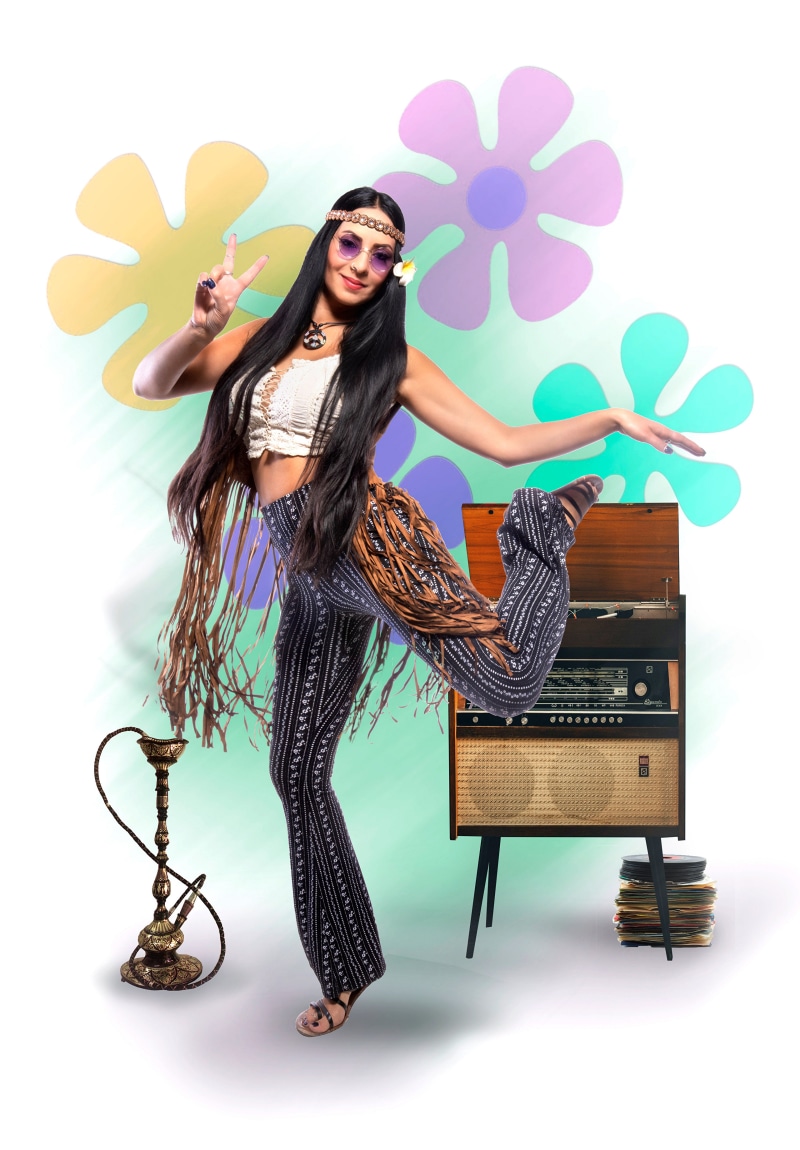 Hippie girl dancing by a vintage radio and hookah