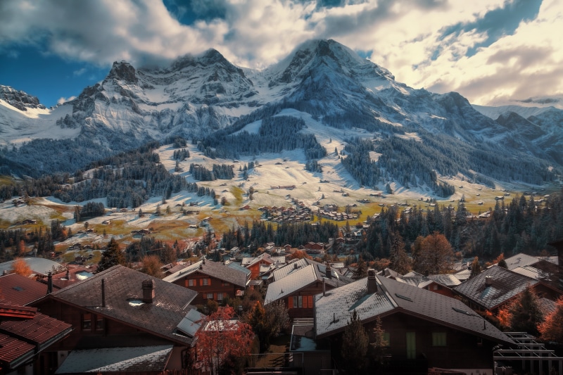 Adelboden, Switzerland: Snowy Alps and Village Houses