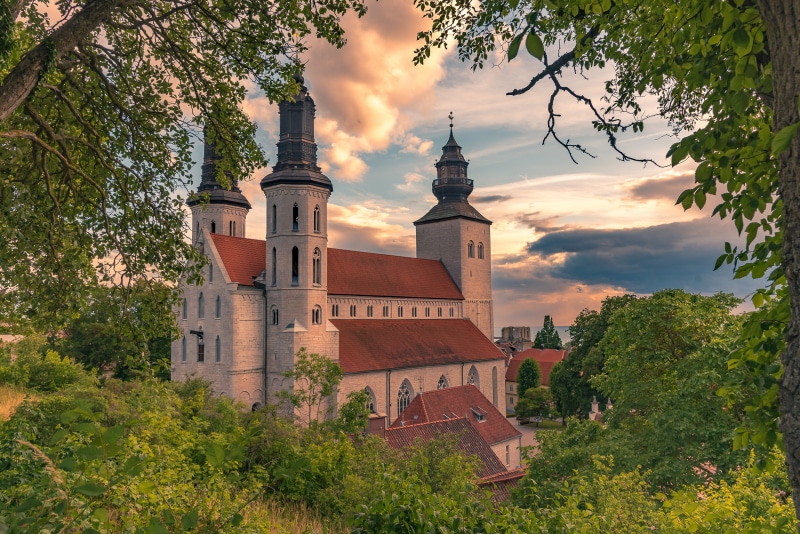 Visby Cathedral towers in Sweden at sunset
