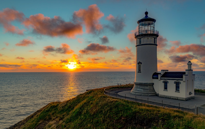 North Head Lighthouse at sunset, Washington, USA