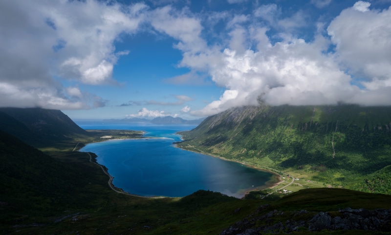 Norway Lofoten Mountains and Fjord under Clouds