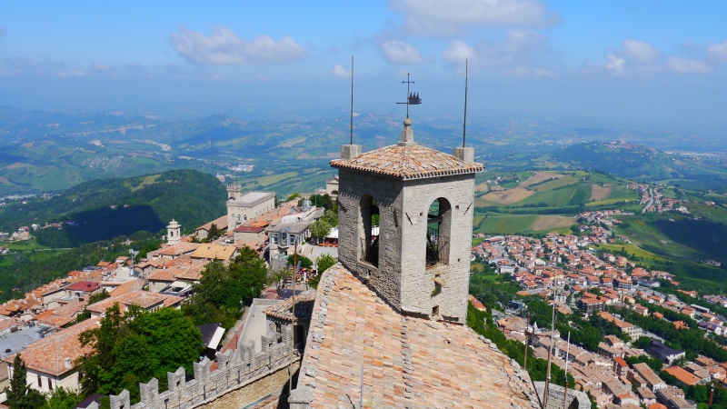 Republic of San Marino from above with tower and mountains