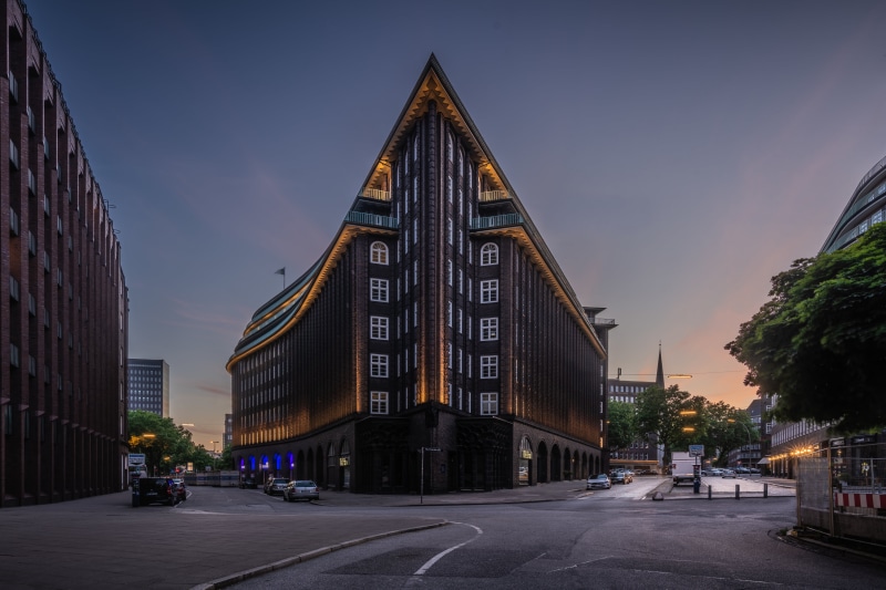 Chilehaus Building in Hamburg, Germany at Dusk