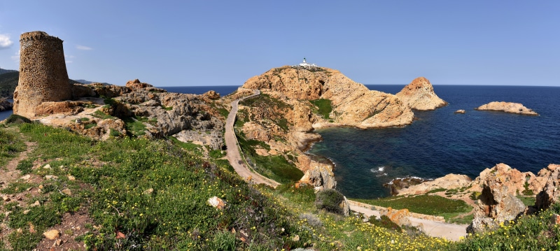 Panorama of L'Ile-Rousse Coast with Tower and Lighthouse, France