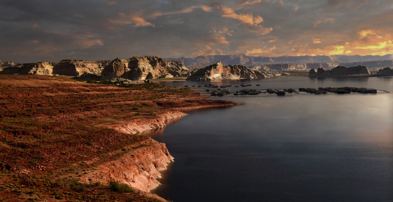 Lake Powell with Red Rock Formations and Floating Docks