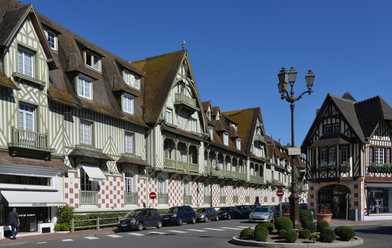 Deauville, France Street with Tudor-style Houses and Street Lights