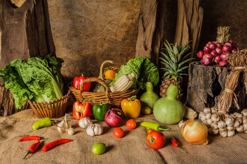 Vegetables and fruits in a rustic setting