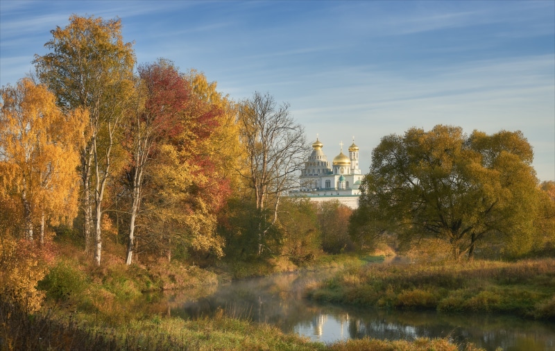 Autumn River and Monastery in Moscow Region, Russia