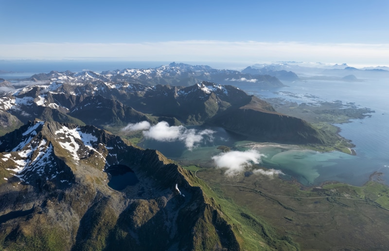 Aerial view of Lofoten mountains in Norway