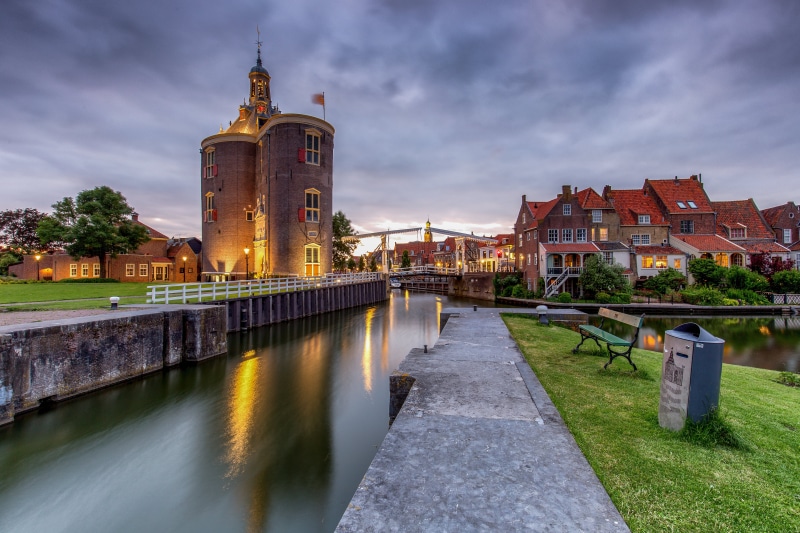 Enkhuizen Netherlands Tower and Canal at Dusk