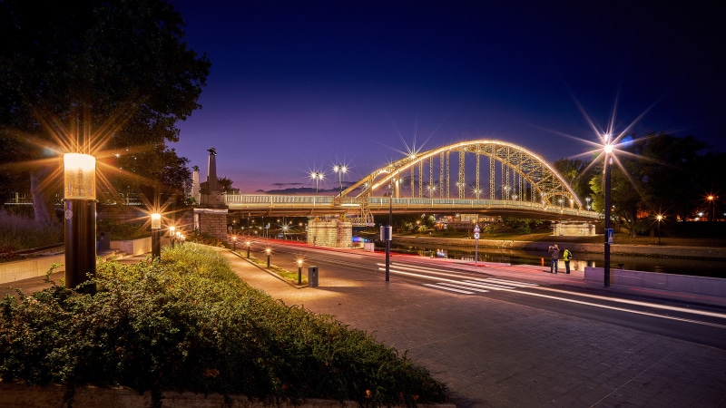 Bridge illuminated at night with street lights