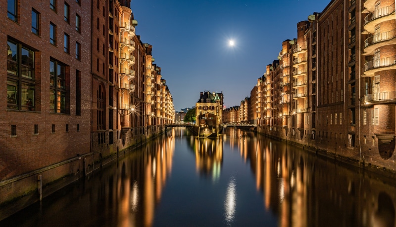 Hamburg Speicherstadt Canal at Night