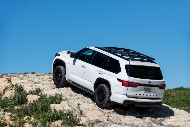 White Toyota Sequoia TRD Pro SUV on rocky terrain